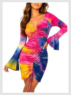 Ruched Bodycon Bell Sleeve Mini Dress Pink Blue S